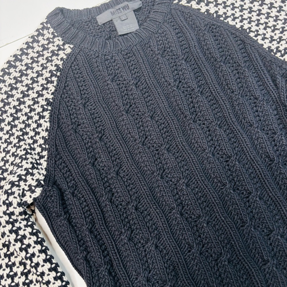 Miss Wu Jason Wu Black White Chunky Cable Knit Houndstooth Designer Sweater - Picture 3 of 11